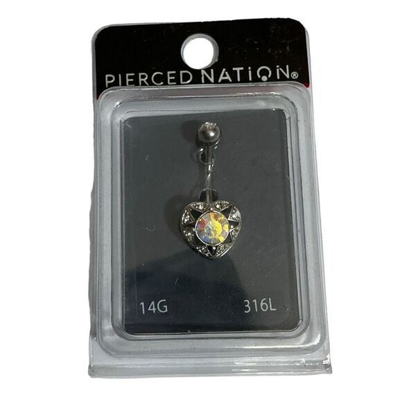 Pierced Nation Heart Shaped Aurora Borealis Cubic Zirconia CZ 14 Gauge Belly But - Picture 2 of 9